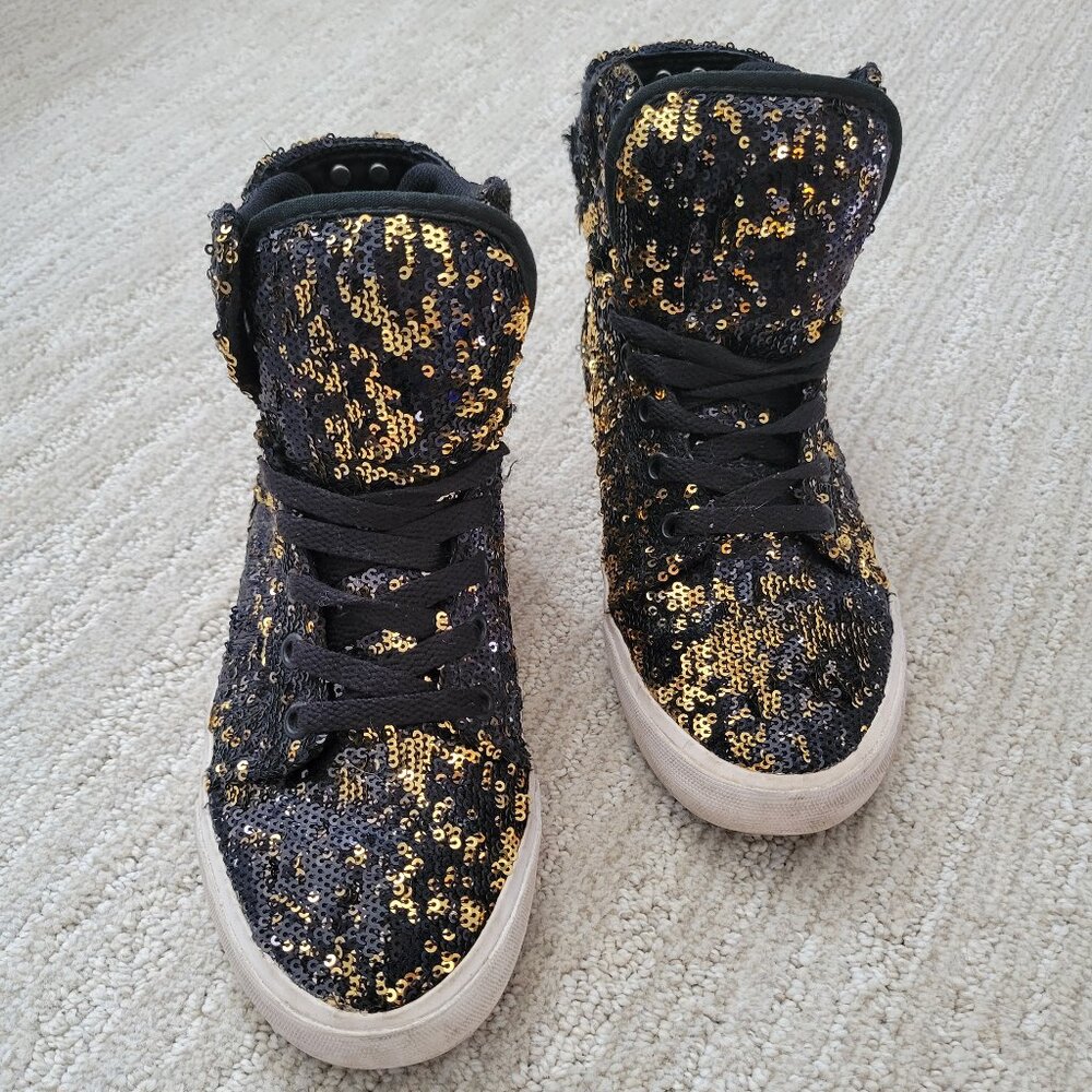Supra Black and Gold Sequin Sneakers Womens 6.5